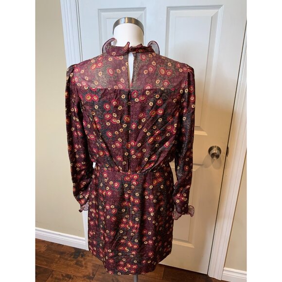 Saloni Dotty Ruffled Printed Silk Burgundy Mini Dress $650 Size 8 - Picture 6 of 7